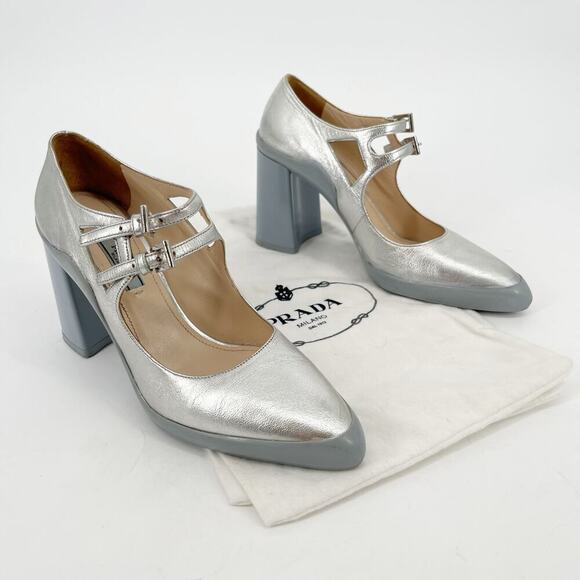 Prada F/W 2015 Silver Metallic Leather Mary Jane Rubber Trim Block Heels IT 37.5 - Picture 1 of 16
